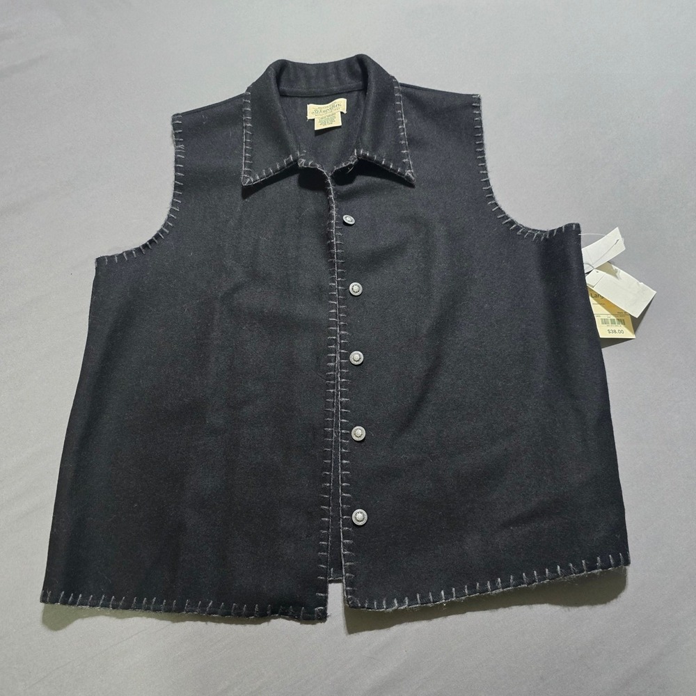 Wool Blend Vest Womens Large Black Blanket Stitch Button Up NEW